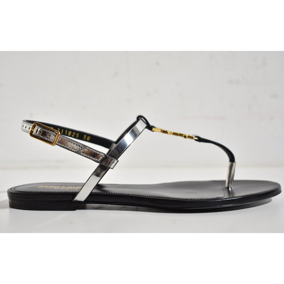 Saint Laurent YSL Logo Cassandra Iota 05 Silver Black Thong Slide Flat Sandal 38 - Picture 2 of 12